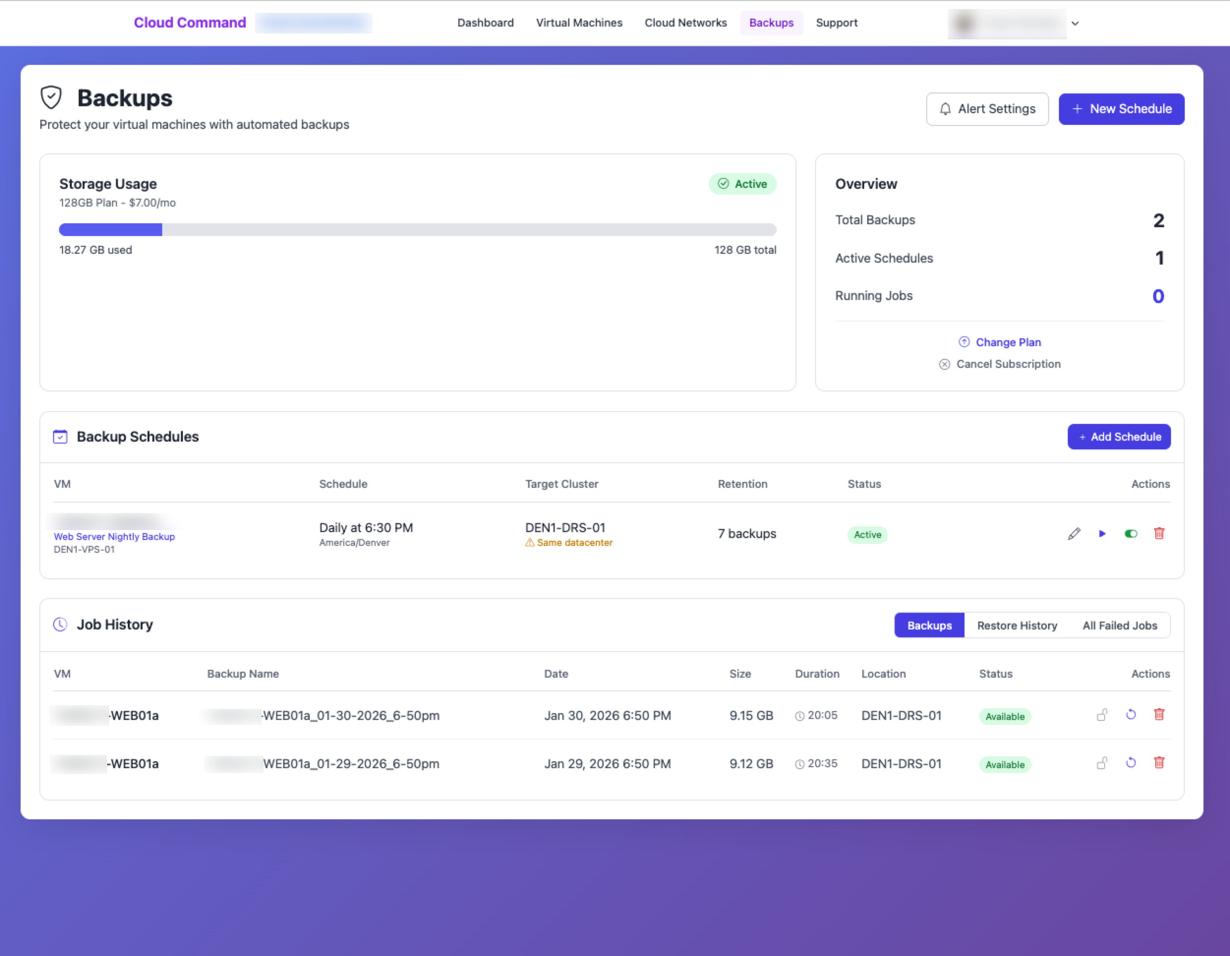 Backup dashboard in Cloud Command